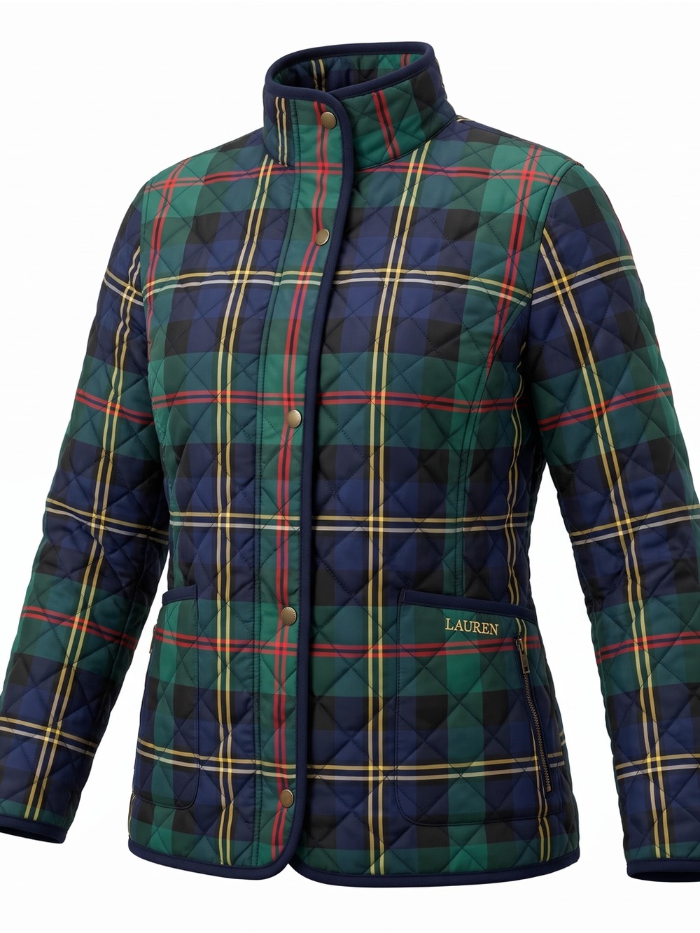 Talbots Quilted Plaid Jacket in Green and Navy
